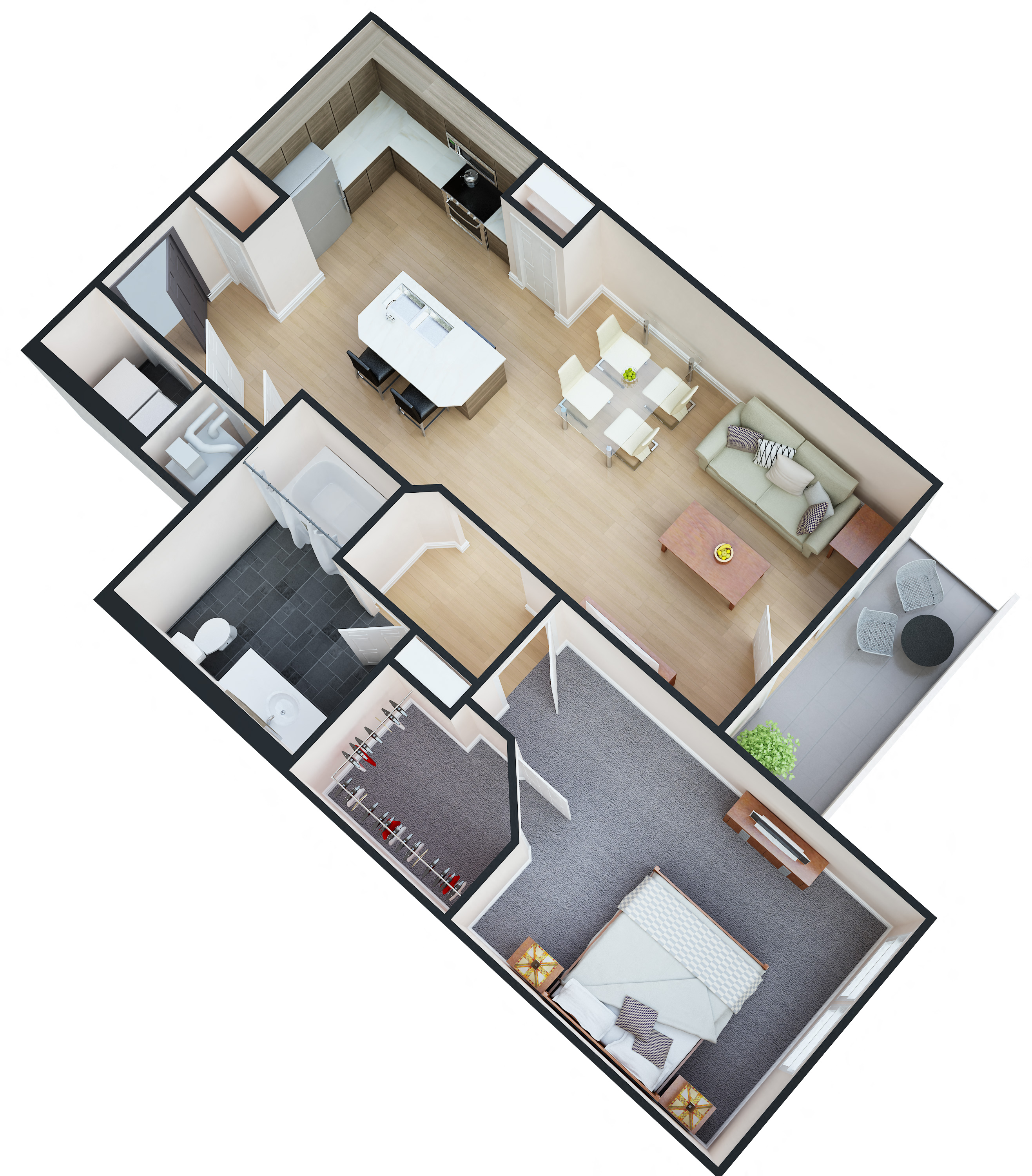 Floor plan for 1 bed, 1 bath, 776 sqft
